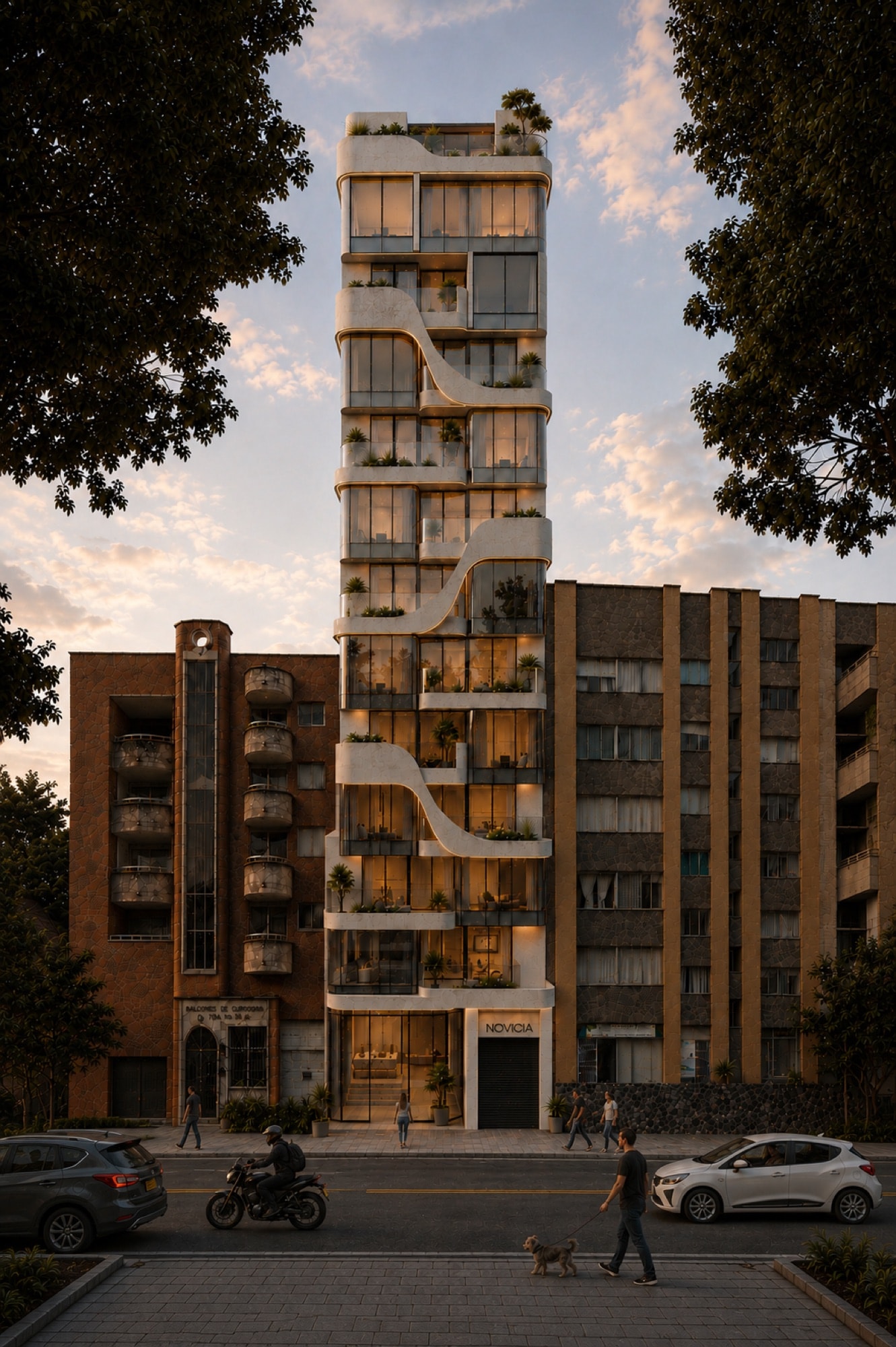 La Novicia facade with sculpted balconies and greenery
