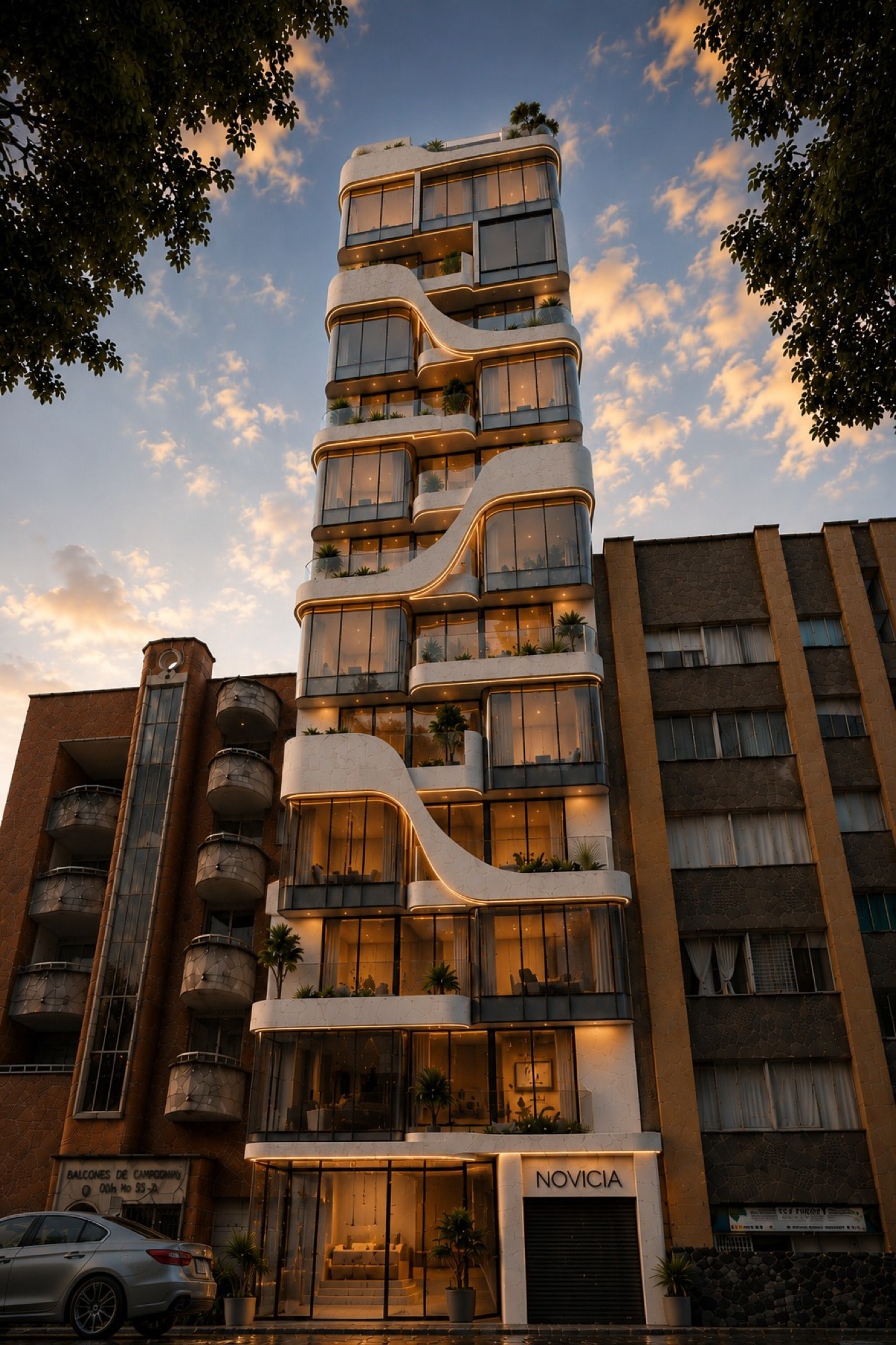 La Novicia tower in Laureles, Medellín at golden hour